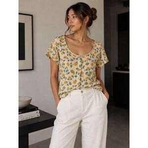 The Tiny Big Sister Floral Organic Cotton Gauze Button Front Top Tan Yellow 34